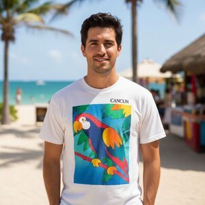 Cancun Mexico Parrot Graphic T-Shirt Men's XL White Short Sleeve Crewneck